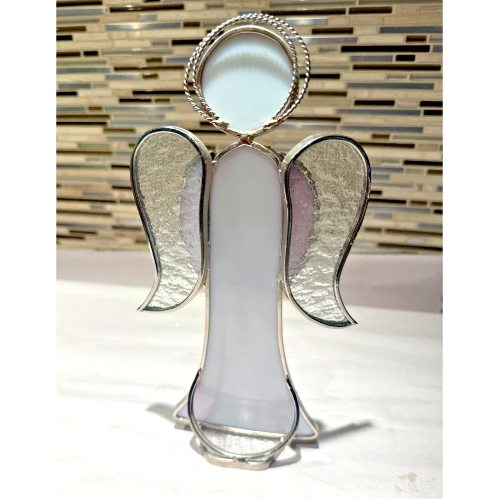 Vintage Stained Glass Angel Candle Holder White Pink Wings Handmade 10